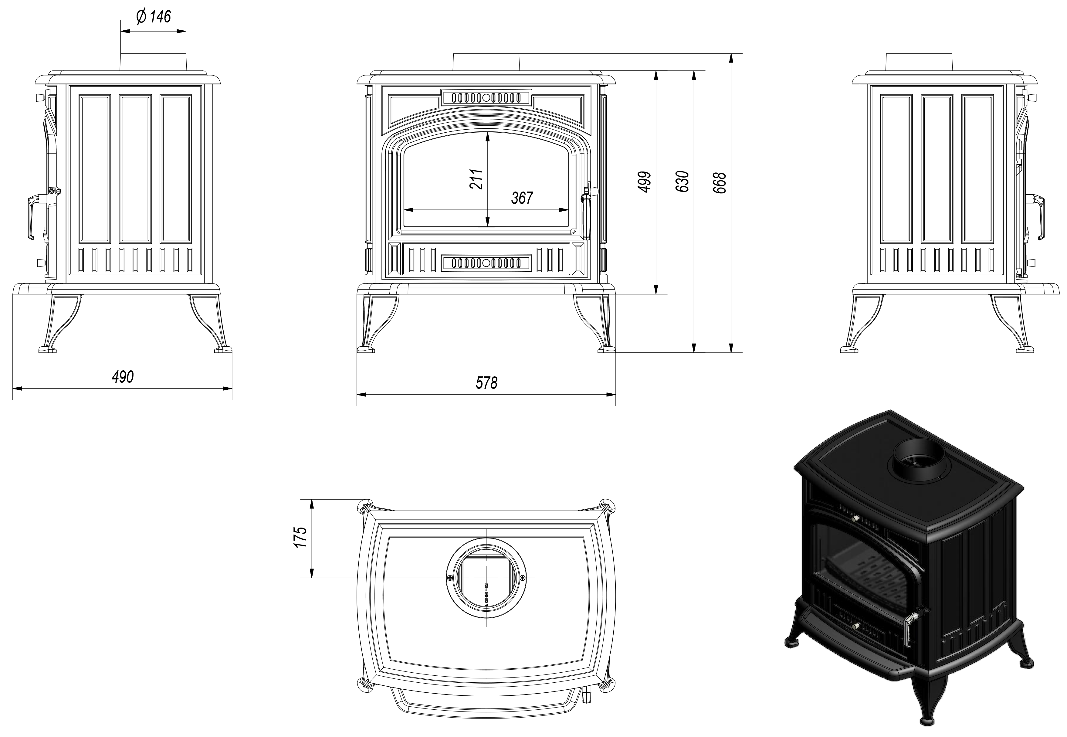 Kratki Koza K6 - liatinové kachle - Dymovod 130 KOZA/K6/